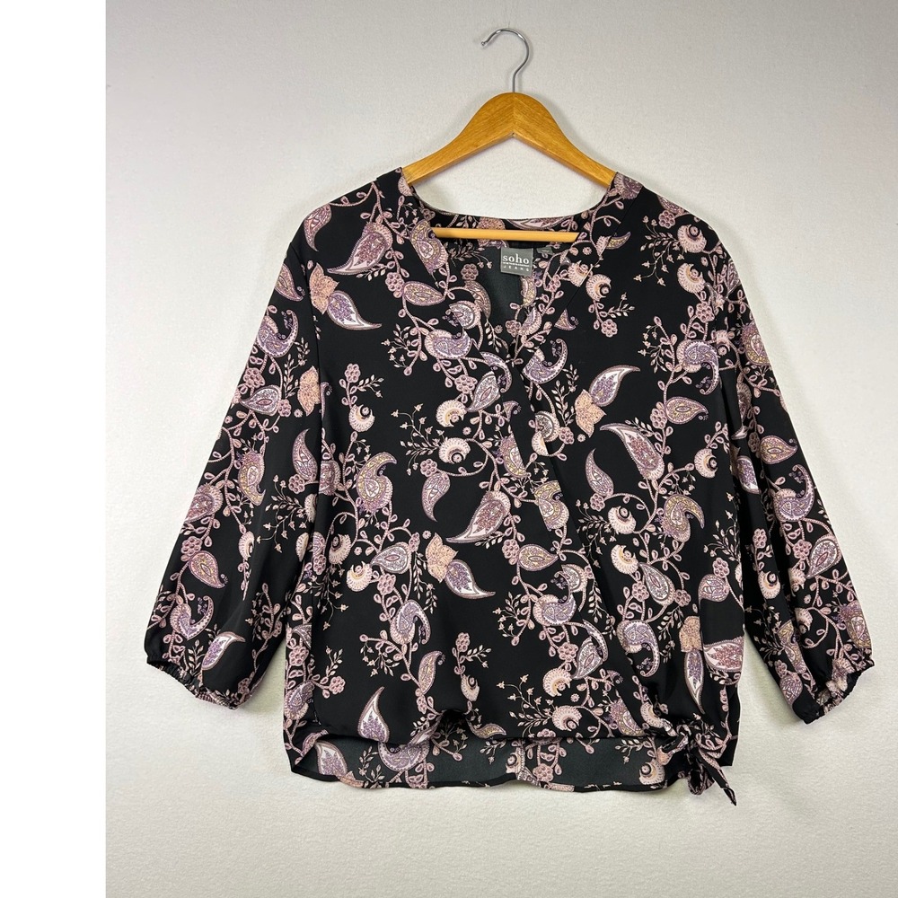 Boho Soho New York & Company Women L Black Paisley Wrap Tie Side Surplice Blouse